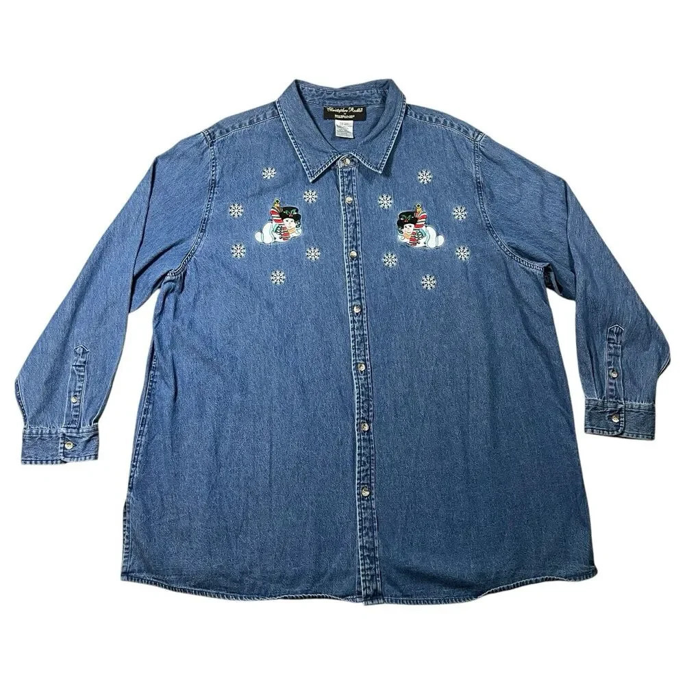Christopher Radko By Bellepoint Denim Button Up Snowman Christmas Shirt Size XXL